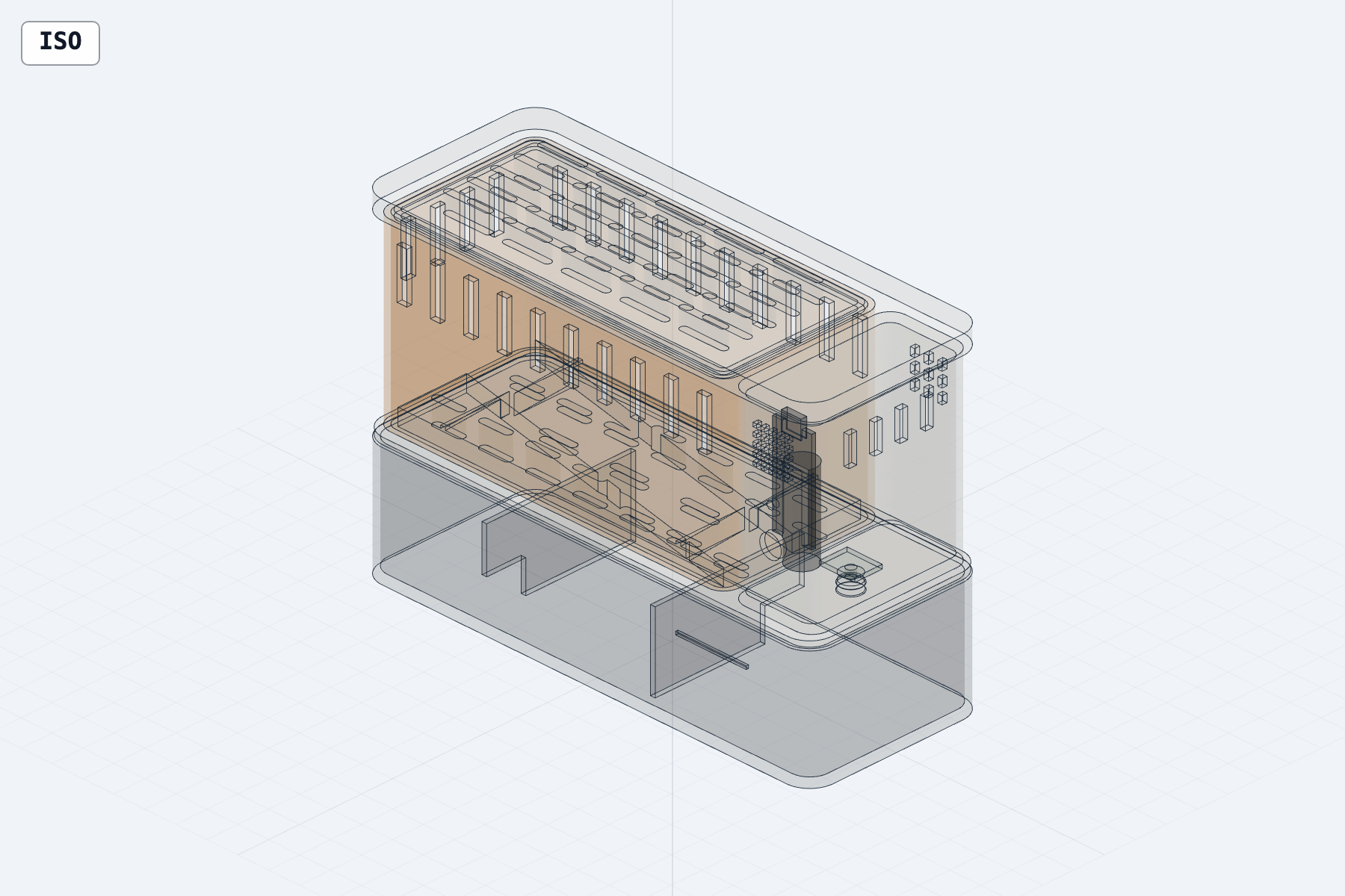 Transparent CAD view showing the internal chambers and electronics
